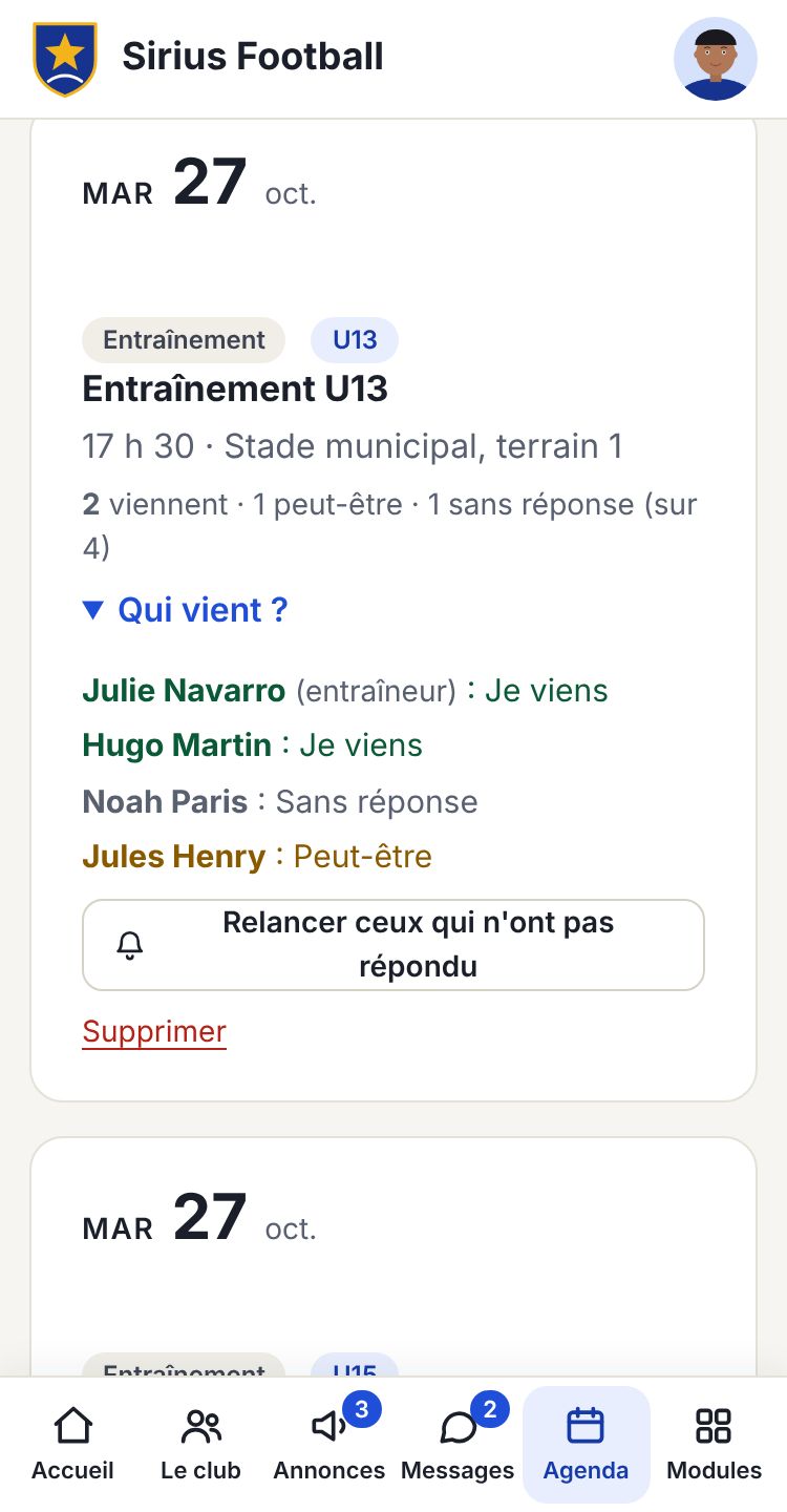 Agenda d'un club dans l'appli : entraînement U13 mardi à 17 h 30, qui vient et qui ne vient pas