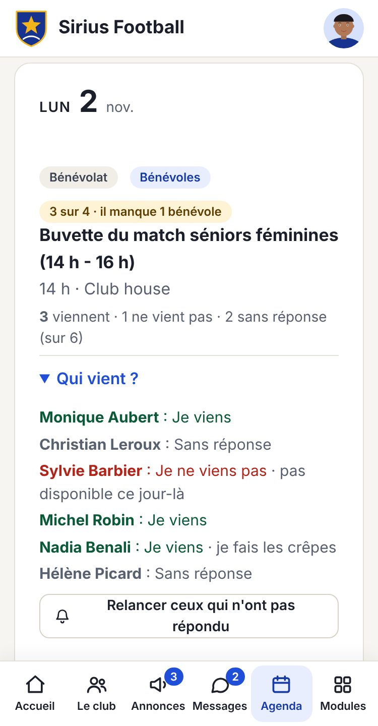 Événement «&nbsp;Buvette du match&nbsp;» dans l'appli : 3 bénévoles sur 4, il en manque 1, avec la liste de qui vient